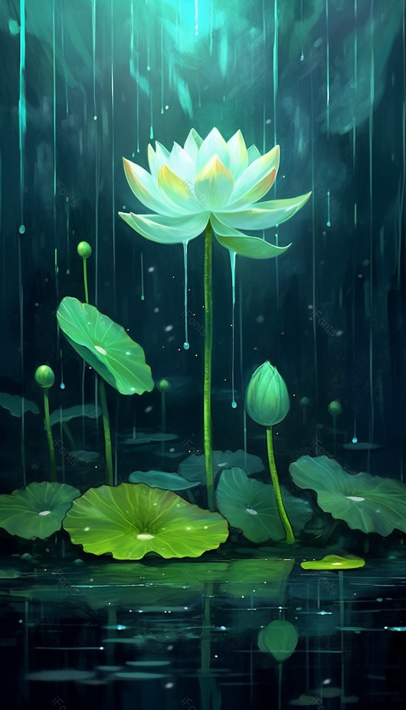 绿色手绘池塘荷叶中的莲花特写,插画/手绘图,插画/手绘图库,插画/手绘图下载,插画/手绘